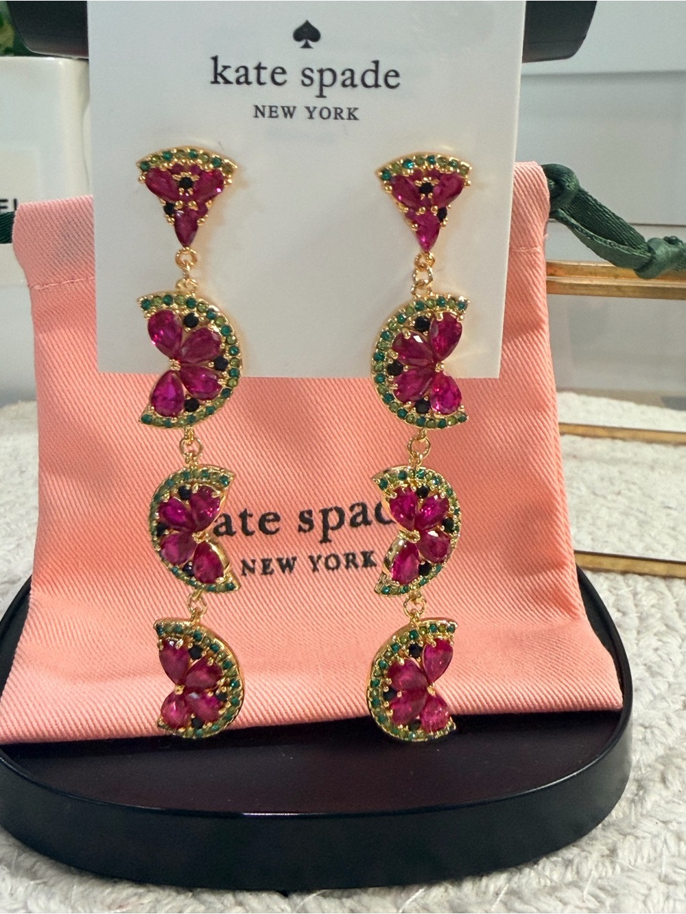 NEW | Kate Spade Ruby Rhinestones Hot Pink Watermelon Earring + KS Pink Dust Bag - Picture 4 of 7